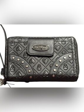 NWT• Ed Hardy Black Skull Embossed Studded Wallet/Wristlet